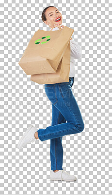 Recycling, environment and woman with bag, sustainability with shopping isolated on white background. Environmental, retail and eco friendly, female person and sustainable development in studio