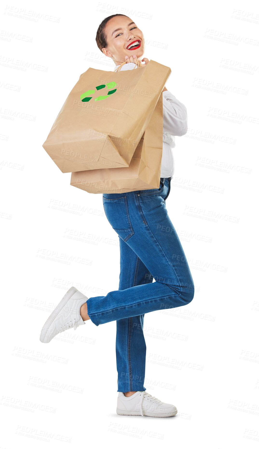 Buy stock photo Happy woman, recycling and shopping bag for eco friendly environment isolated on a transparent PNG background. Environmental, retail and excited female person or shopper with smile for discount sale