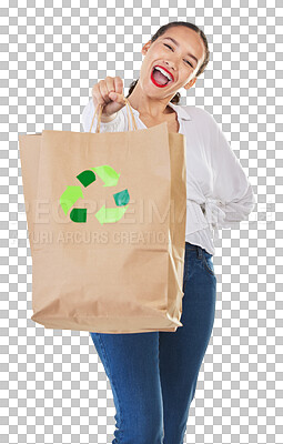 Buy stock photo Happy woman, recycling and portrait with shopping bag for eco friendly environment isolated on a transparent PNG background. Retail and excited female person or shopper with smile for discount sale