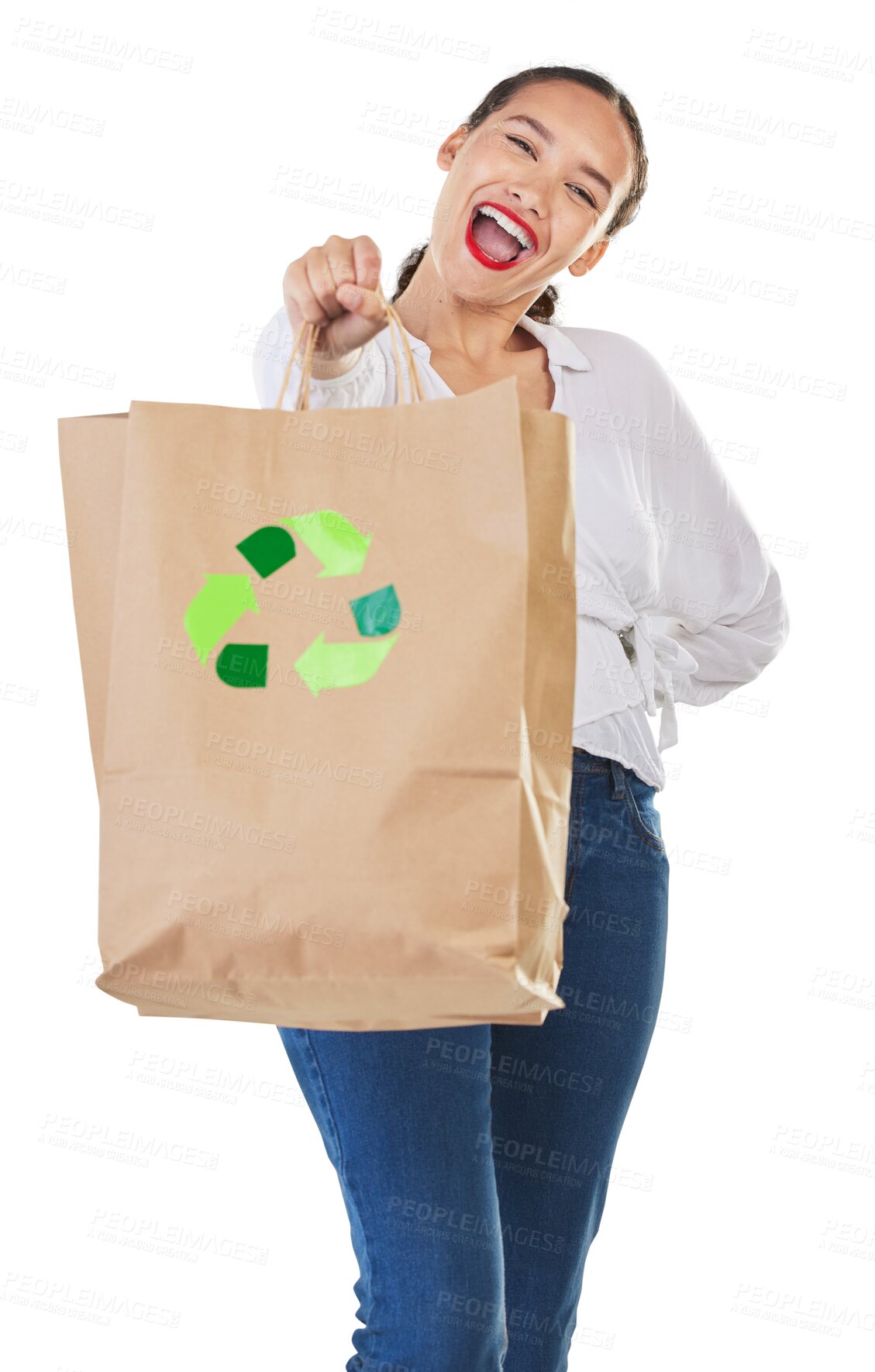 Buy stock photo Happy woman, recycling and portrait with shopping bag for eco friendly environment isolated on a transparent PNG background. Retail and excited female person or shopper with smile for discount sale