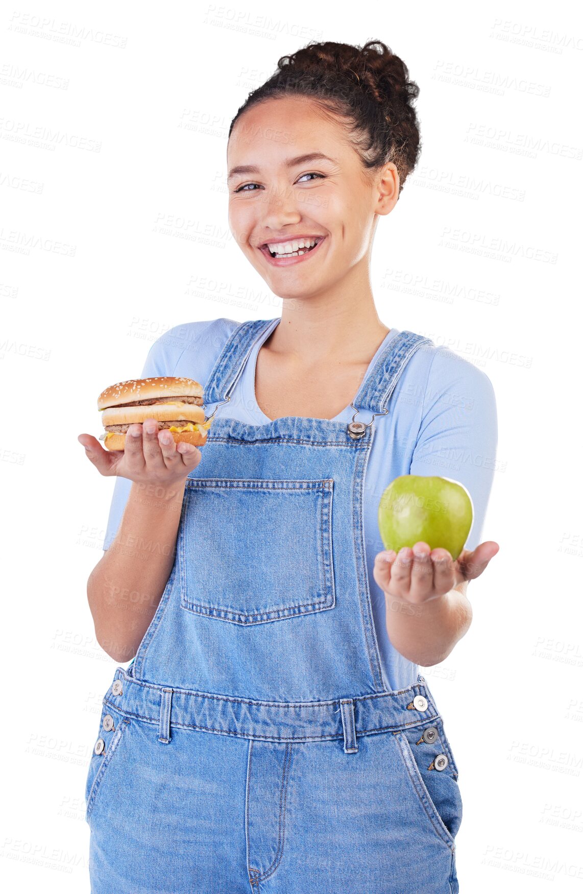 Buy stock photo Apple, burger and portrait of woman with a choice or decision on isolated, transparent or png background. Hands, fruit and person with hamburger, fast food or healthy diet, nutrition and wellness