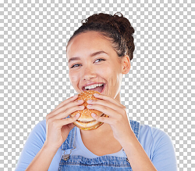 Burger, smile and woman eating fast food and happy with lunch meal with a smile isolated in a studio blue background. Breakfast, craving and portrait of young female person enjoy snack or sandwich