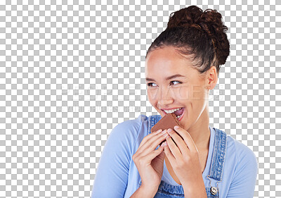 Chocolate, dessert and donut with woman in studio for fast food, diet and nutrition. Happy, cake and sugar with person eating on blue background for candy, health and hungry with mockup space