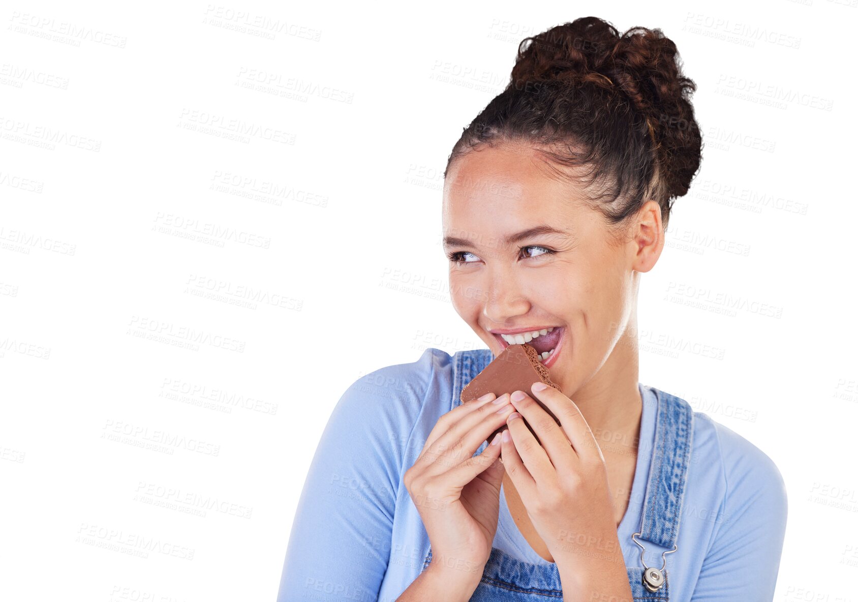 Buy stock photo Happy, woman and eating chocolate, dessert and diet with unhealthy food or nutrition on isolated, transparent or png background. Sugar, candy and person with a smile for sweets, snack or junk