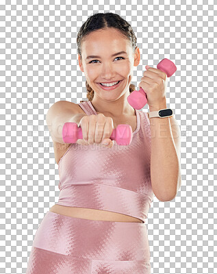 Buy stock photo Fitness, dumbbell exercise and portrait of a woman for weight loss and wellness. Happy person smile and training workout for bodybuilder, muscle and health isolated on a transparent, png background