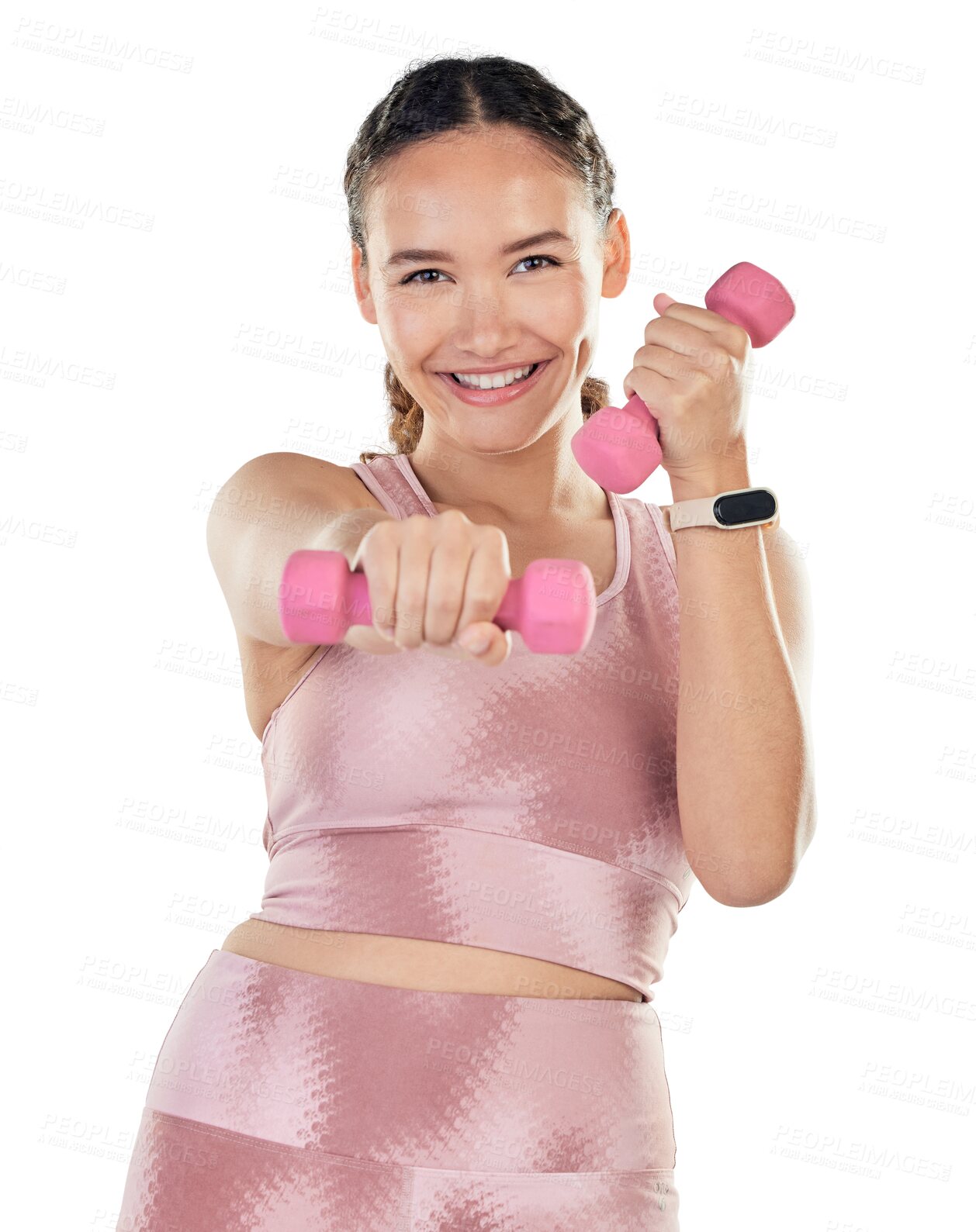 Buy stock photo Fitness, dumbbell exercise and portrait of a woman for weight loss and wellness. Happy person smile and training workout for bodybuilder, muscle and health isolated on a transparent, png background