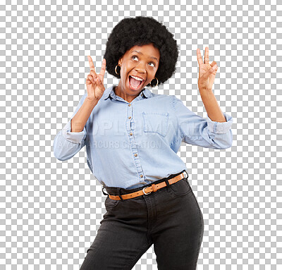 Buy stock photo Funny, dance and black woman with peace sign, smile and girl isolated on a transparent background. African American female, lady and model with gesture for chill, png and happiness with joy and fun