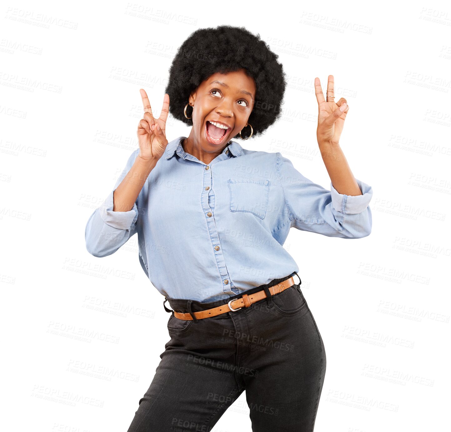 Buy stock photo Funny, dance and black woman with peace sign, smile and girl isolated on a transparent background. African American female, lady and model with gesture for chill, png and happiness with joy and fun