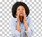 Happy, blow kiss and black woman in a studio for love, romance or flirting face gesture. Happiness, sensual and African female model with a romantic kissing facial expression by a yellow background.