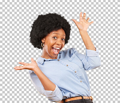 Buy stock photo Surprise, excited and portrait of black woman isolated on transparent png background with energy. Winner, celebration and wow of happy female model celebrate deal, success or cheers for discount news