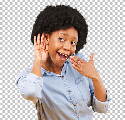 Buy stock photo Surprise, gossip and black woman listening, isolated on transparent png background with wow or wtf face expression. Secret, shock and curious African model with afro, whisper and confidential news.