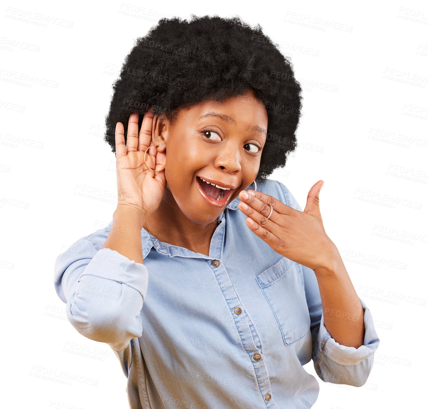 Buy stock photo Surprise, gossip and black woman listening, isolated on transparent png background with wow or wtf face expression. Secret, shock and curious African model with afro, whisper and confidential news.