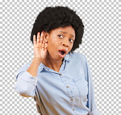 Buy stock photo Secret, gossip and black woman listening, isolated on transparent png background with wow or wtf face expression. Surprise, shock and curious African model with afro, whisper and confidential news.