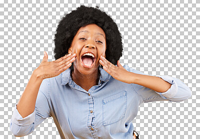 Buy stock photo Portrait, black woman and shouting for announcement, excited and isolated on a transparent png background. African person, face and scream for promotion, news and speaking, attention or communication