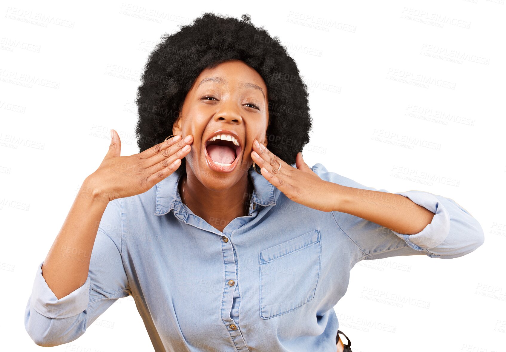 Buy stock photo Portrait, black woman and shouting for announcement, excited and isolated on a transparent png background. African person, face and scream for promotion, news and speaking, attention or communication