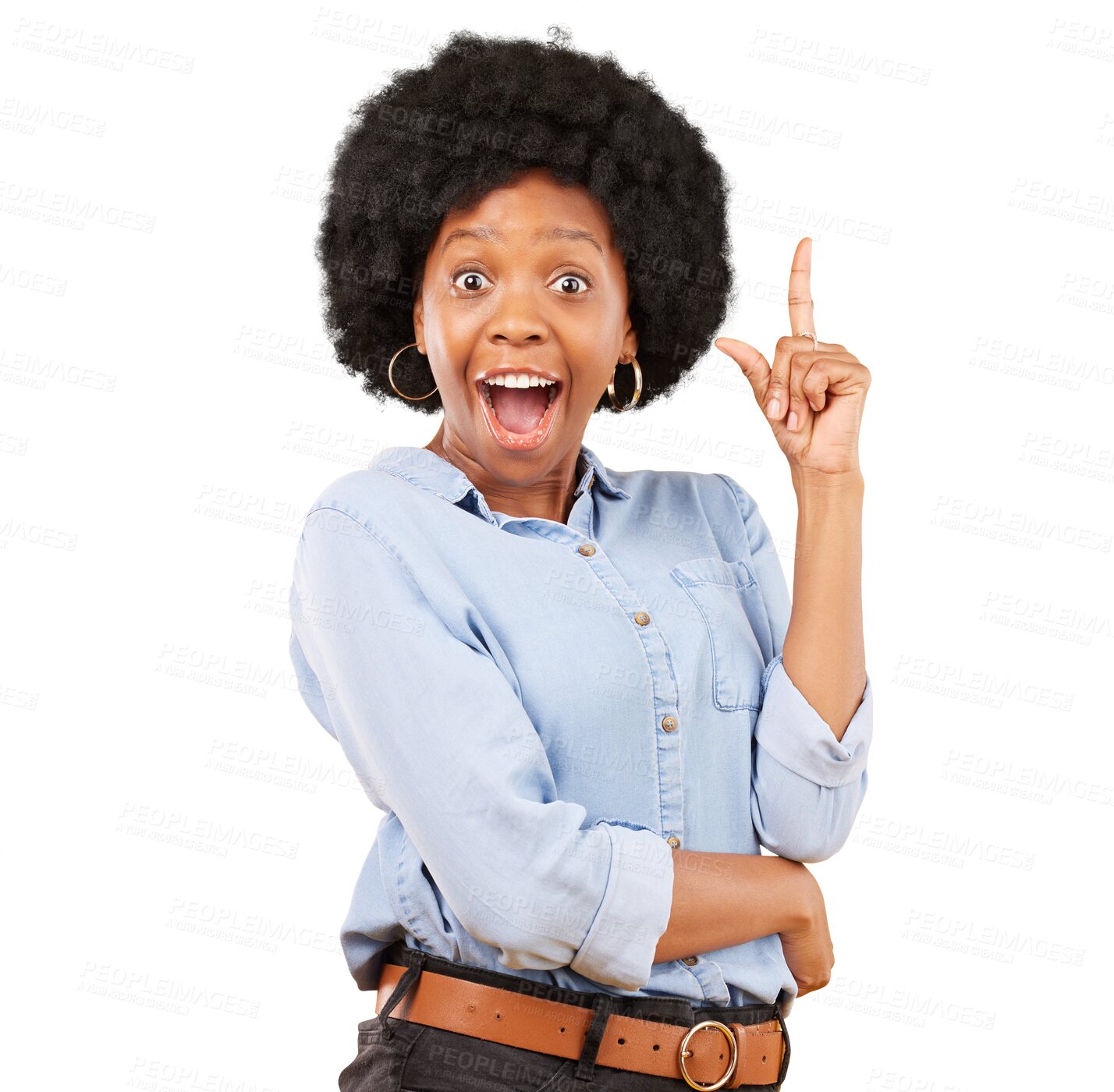 Buy stock photo Wow, idea and portrait of black woman with solution, answer or eureka moment on isolated, transparent or png background. Excited, face and African lady surprise decision, choice or aha thinking click