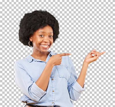 Buy stock photo Hands, pointing and portrait of a black woman with promotion, menu or choice of option on transparent, isolated or png background. Gesture, smile and African female model to show presentation of info