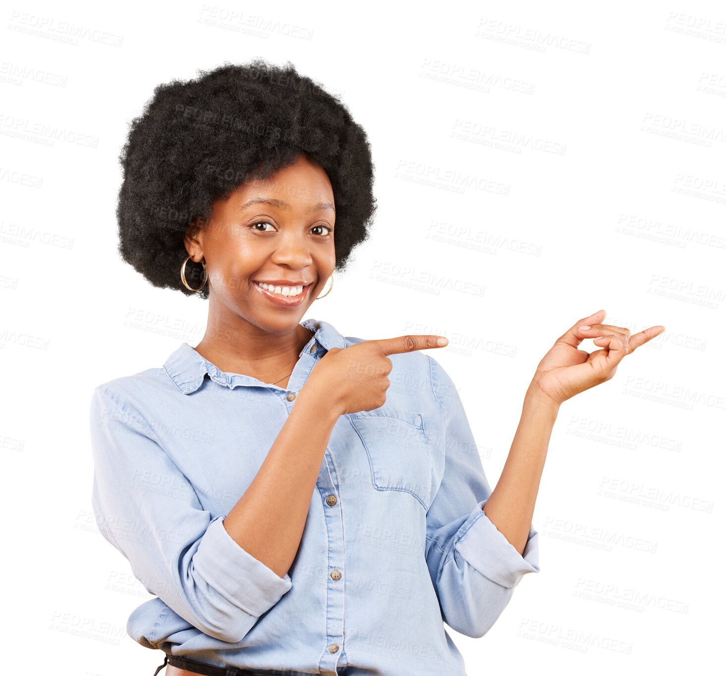 Buy stock photo Hands, pointing and portrait of a black woman with promotion, menu or choice of option on transparent, isolated or png background. Gesture, smile and African female model to show presentation of info