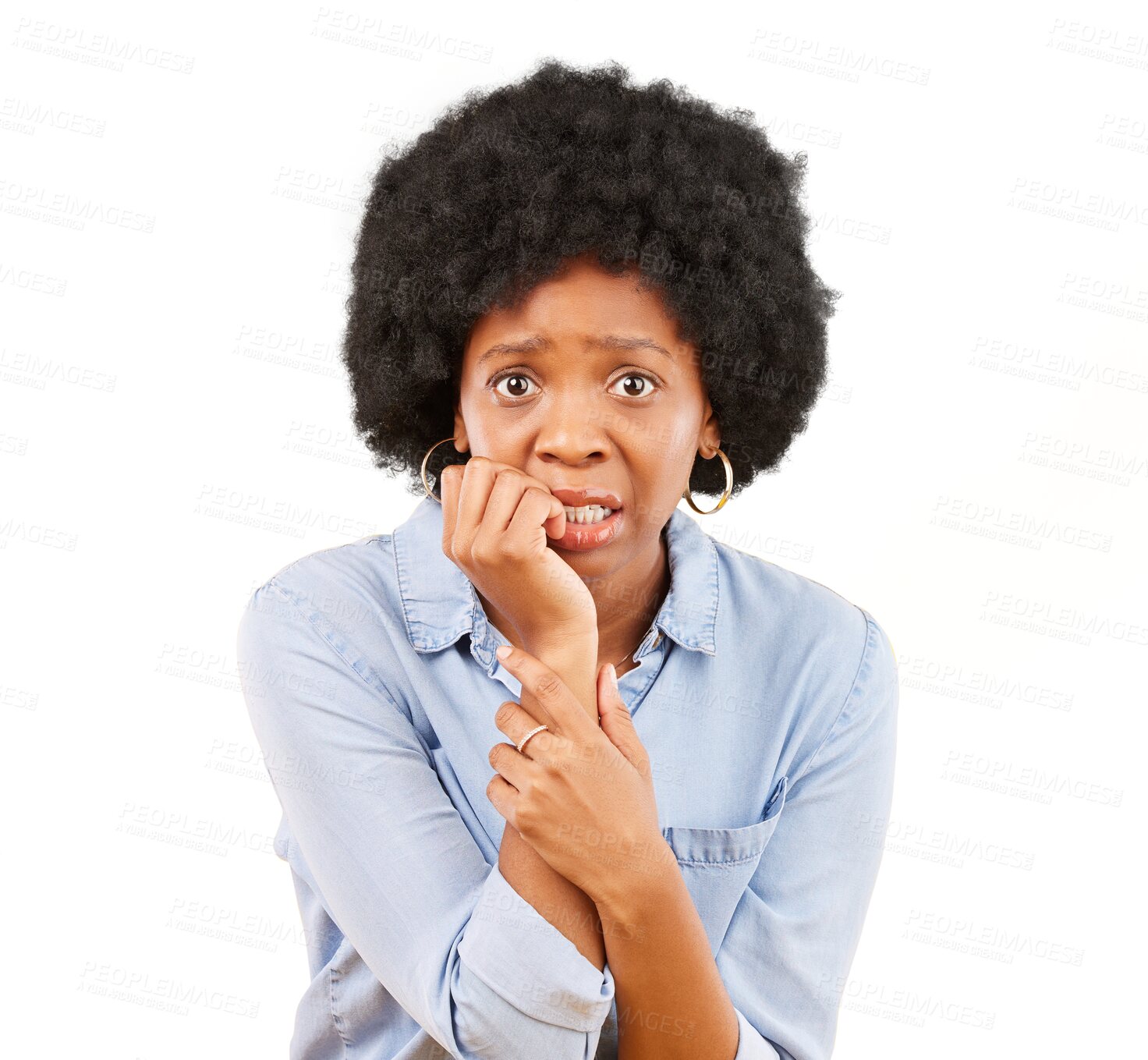 Buy stock photo Black woman, portrait and biting nails, fear and anxiety with crisis isolated on png transparent png background. Nervous, scared and mindset, African female person with stress and terror with trauma