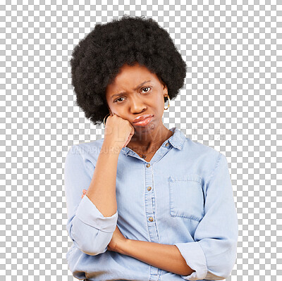 Buy stock photo Depression, portrait and sad black woman bored on isolated, transparent or png background. Face, frown and African female model with broken heart, stress and grief, mental health or mistake regret