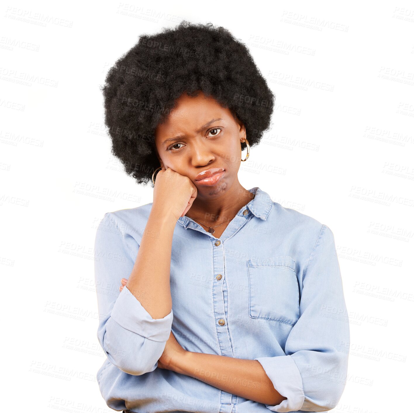 Buy stock photo Depression, portrait and sad black woman bored on isolated, transparent or png background. Face, frown and African female model with broken heart, stress and grief, mental health or mistake regret