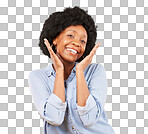 Black woman, hands on face and smile portrait in studio while excited on yellow background. African female model with afro, beauty and happiness on color space with motivation and positive mindset
