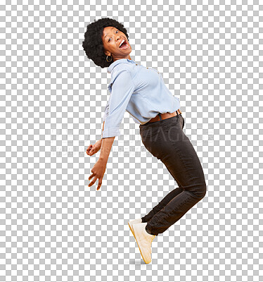 Buy stock photo Excited, dance and portrait of happy black woman in celebration on transparent, isolated or png background. Dancing, African girl and winning smile and moving with freedom, happiness or fashion