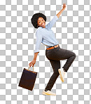 Bag, portrait and happy black woman shopping, excited and celebrating sale in studio on yellow background. Face, shopper and girl customer cheerful after boutique, retail or store discount isolated