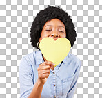 Paper, heart and happy with black woman in studio for romance, positive and emotion. Happiness, love shape and giving with female isolated on yellow background for date, feelings and affectionate