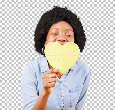 Buy stock photo Happy black woman, paper heart and love for affection, kindness or isolated on transparent png background. Face of female model smile for emoji sign, shape and icon of romance, like or valentines day