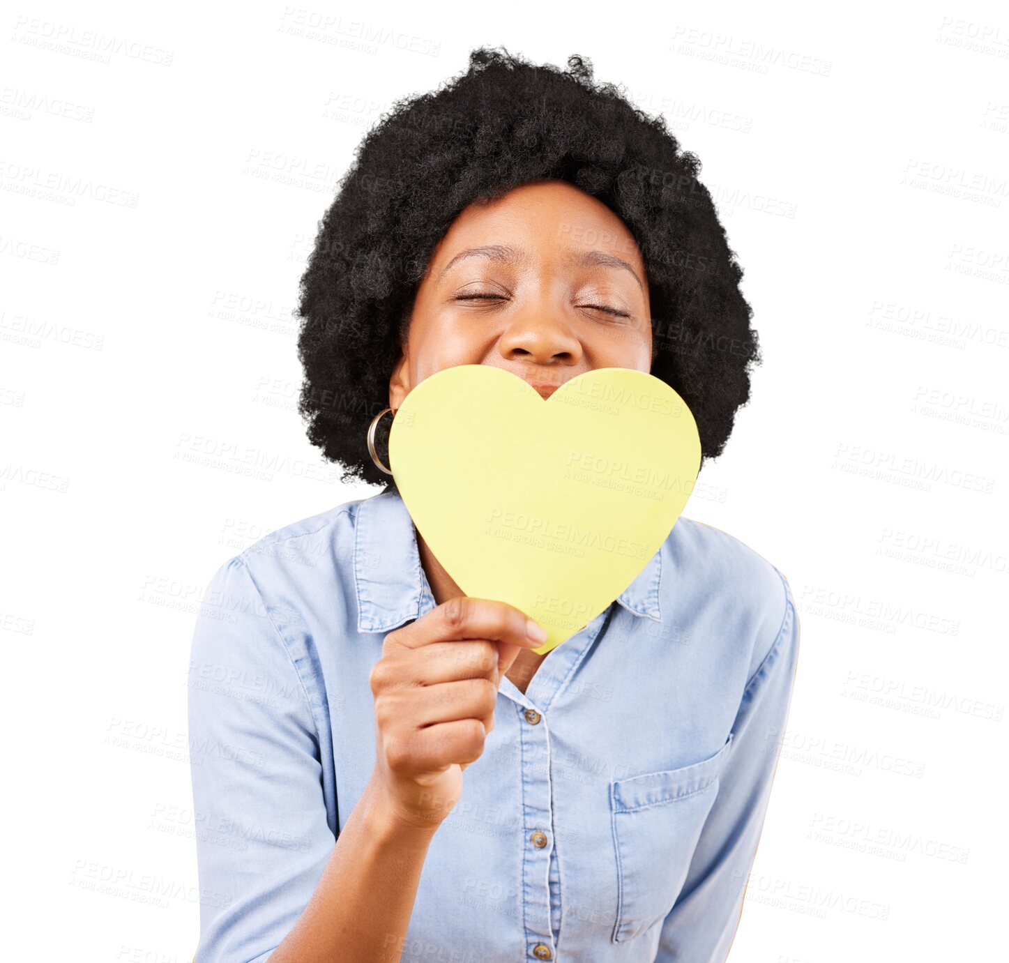 Buy stock photo Happy black woman, paper heart and love for affection, kindness or isolated on transparent png background. Face of female model smile for emoji sign, shape and icon of romance, like or valentines day