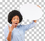 Speech bubble, portrait and wow by black woman in studio with mockup for social media, advertising or space. Face, poster and shocked girl with billboard for news or announcement on yellow background