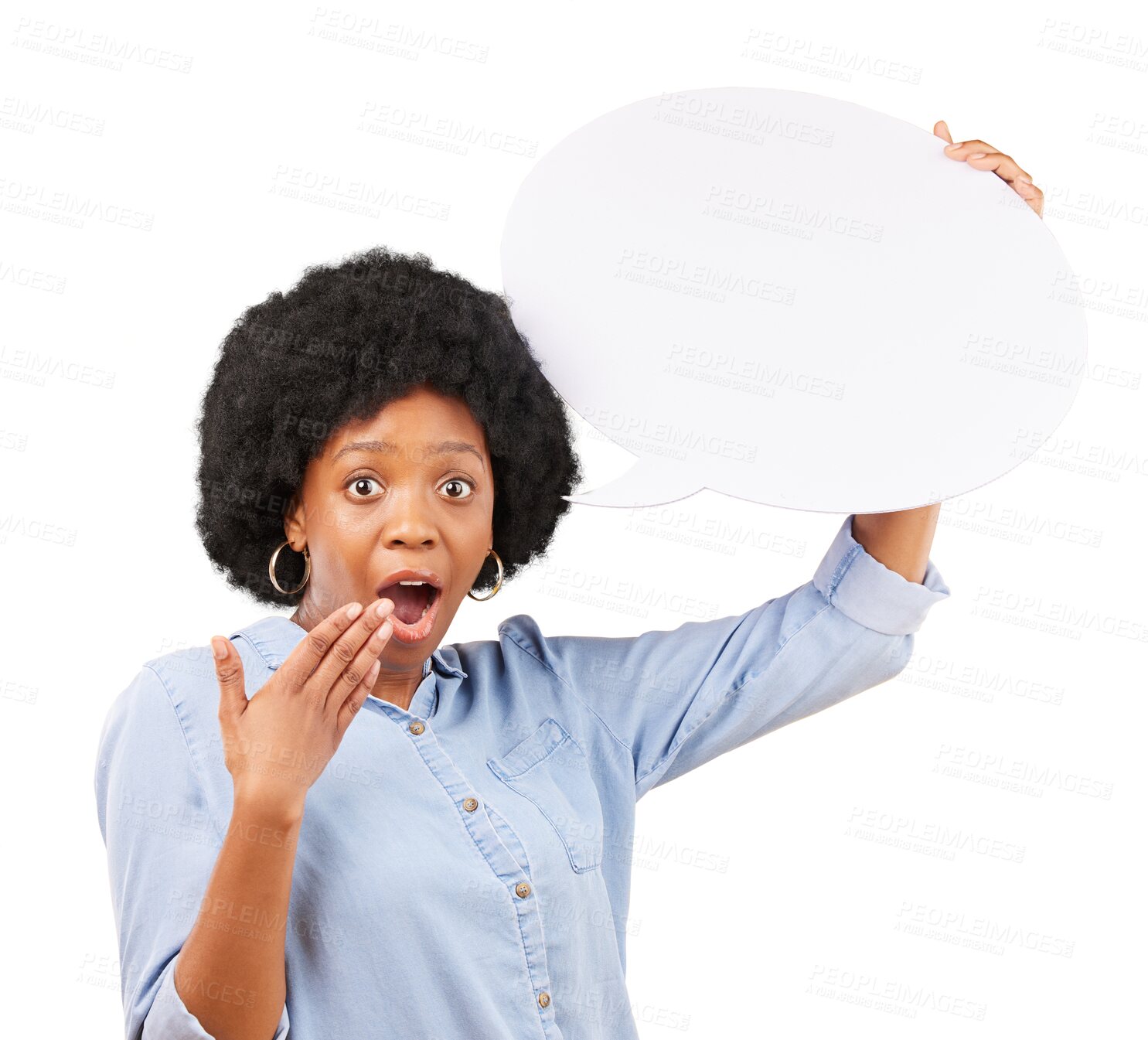 Buy stock photo Wow, portrait and black woman with speech bubble surprise on isolated, transparent or png background. Omg, face and African female with social media, billboard or shocking news, promo or sign up deal