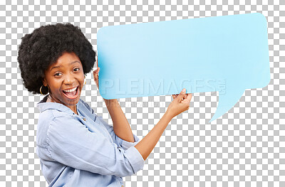 Buy stock photo Smile, wow and speech bubble with portrait of black woman on png for social media, communication and mockup. News, announcement and idea with person and poster isolated on transparent background 