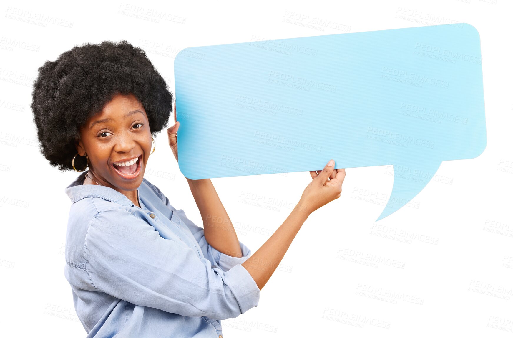 Buy stock photo Smile, wow and speech bubble with portrait of black woman on png for social media, communication and mockup. News, announcement and idea with person and poster isolated on transparent background 