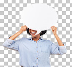 Social media, studio smile and black woman with speech bubble for opinion, marketing space or brand advertising. Product placement, mock up billboard and person with voice mockup on yellow background