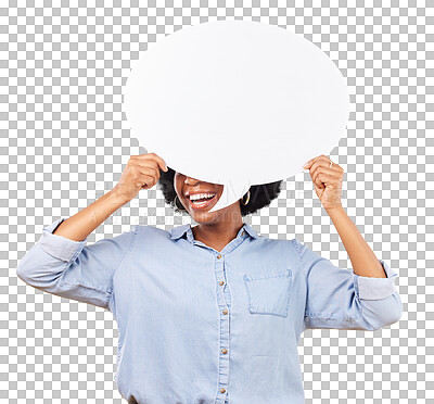 Buy stock photo Mockup, speech bubble and happy woman with news on isolated, transparent and png background. Poster, social media and female show space for vote, voice or opinion, FAQ or social media communication