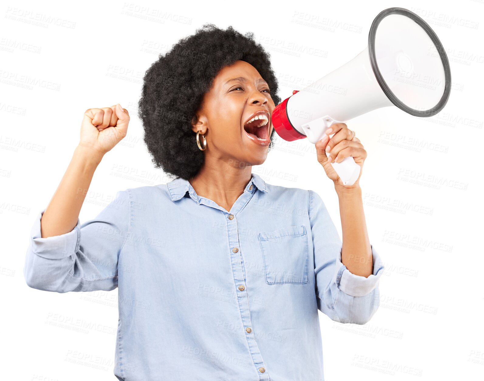 Buy stock photo Megaphone announcement, shout or black woman with protest, human rights or equality isolated on transparent background. Voice, protester or model with a bullhorn, speech or democracy vote with png