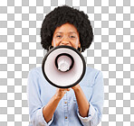 Megaphone announcement, portrait or black woman talking, speaking and doing sales promotion. Speaker face, bullhorn noise or person broadcast news, studio speech or communication on yellow background