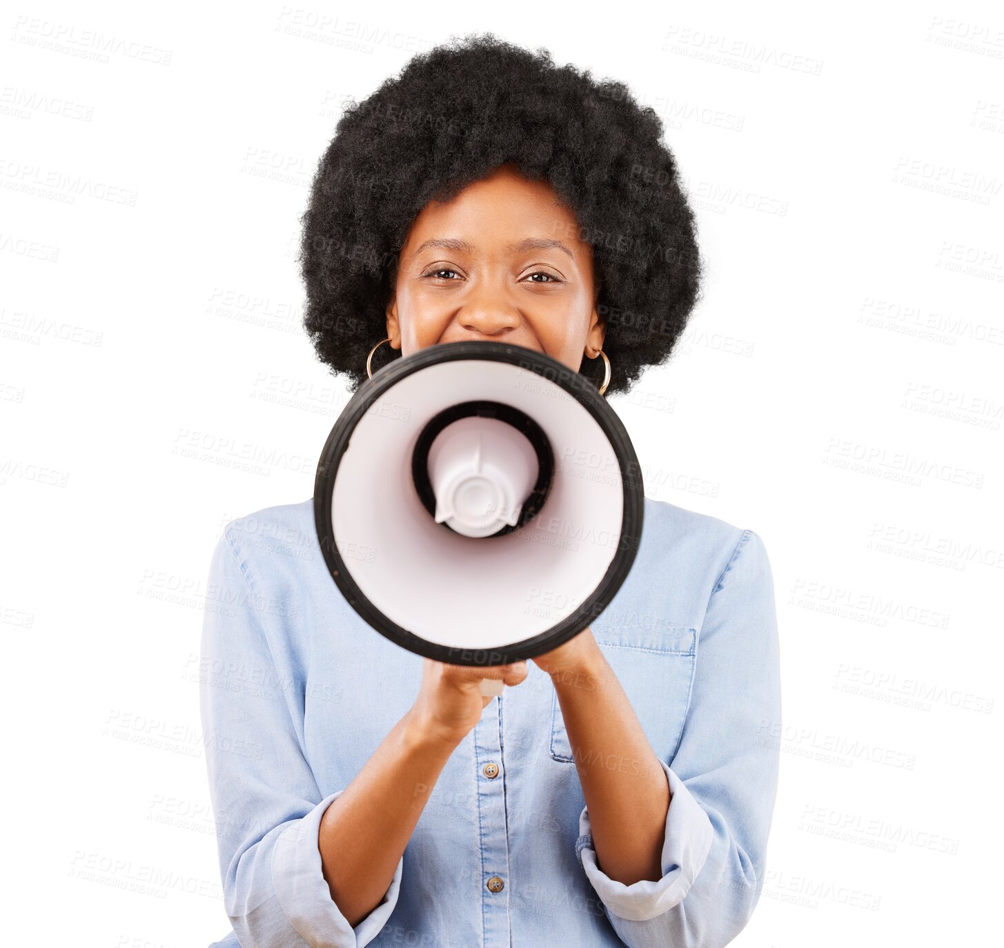 Buy stock photo Megaphone, shout or black woman with protest, portrait and human rights isolated on transparent background. Scream, face or model with a bullhorn, announcement or democracy vote with png or justice