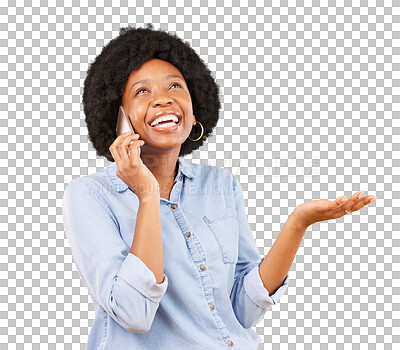 Buy stock photo Happy, talking and black woman with a phone and hand gesture for communication or chat. Smartphone, question and african person isolated on transparent, png background for funny conversation or idea