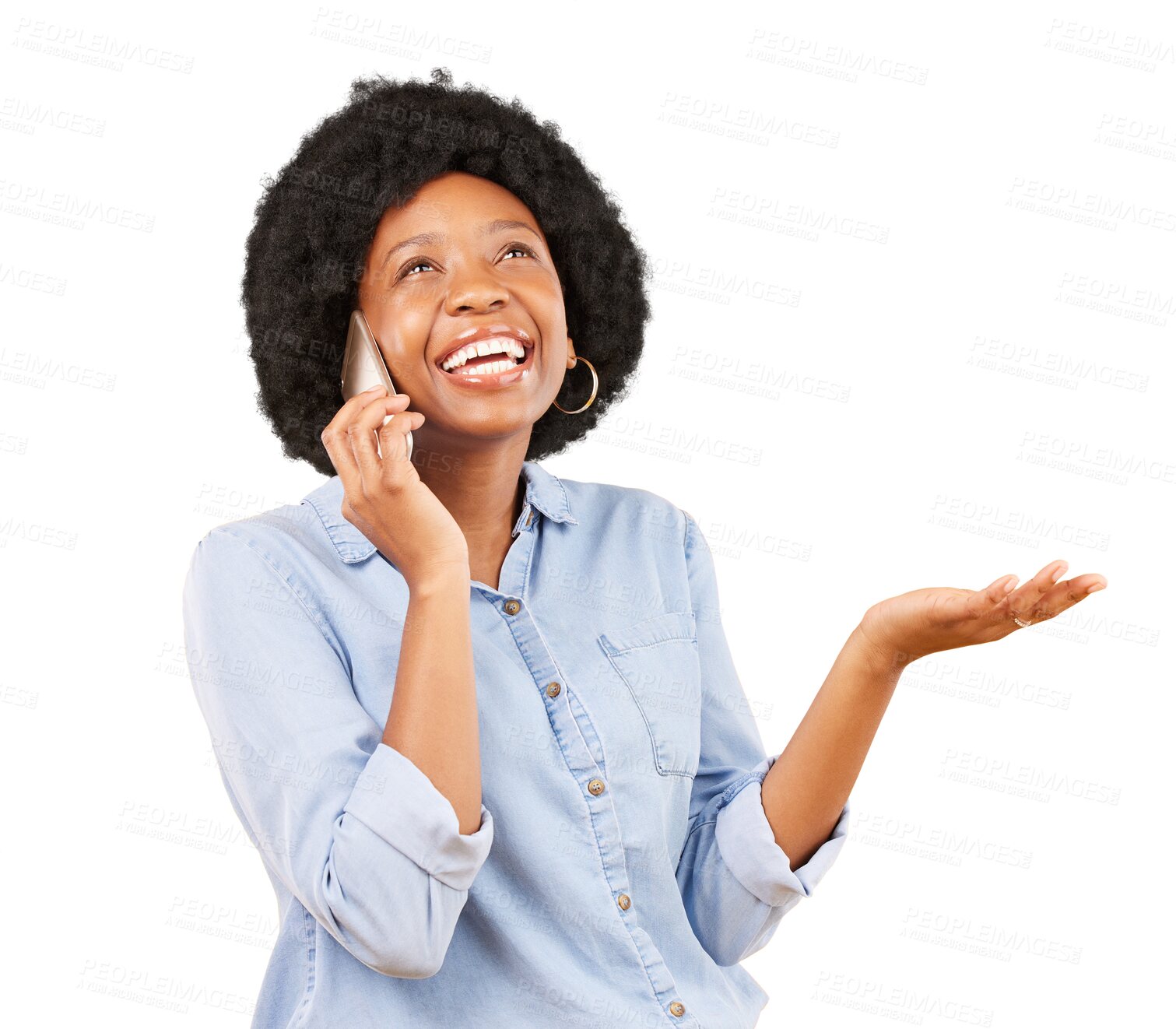 Buy stock photo Happy, talking and black woman with a phone and hand gesture for communication or chat. Smartphone, question and african person isolated on transparent, png background for funny conversation or idea