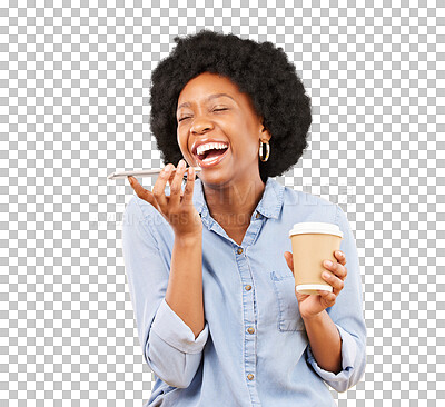 Phone, happy and black woman with coffee in studio, laughing with voice to text on yellow background. Smartphone, speaker and girl with tea on phone call, joke and humor while enjoying conversation