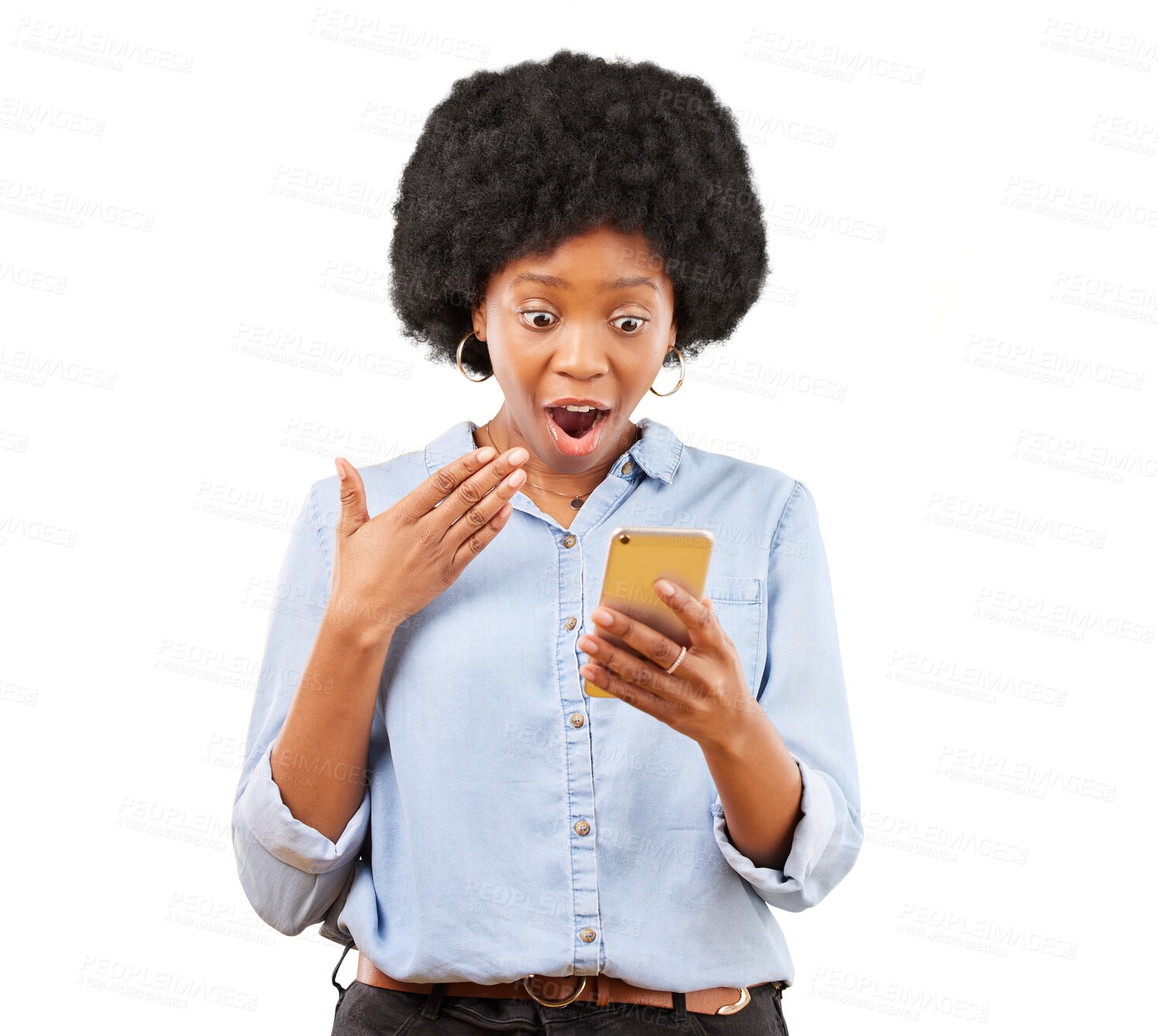 Buy stock photo Phone, wow and surprise of black woman isolated on a transparent png background. Shock, smartphone and African person with cellphone for good news on social media, winning lottery or competition.