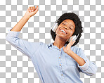 Black woman, dancing with headphones and freedom, music and happiness on yellow studio background. Happy female, carefree and dance along to radio, audio streaming with fun and energy with technology