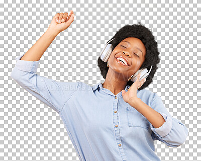 Buy stock photo Black woman, dancing and music headphones for freedom, fun or happiness. African person, energy and listen to radio, sound or audio streaming with technology isolated on a transparent, png background