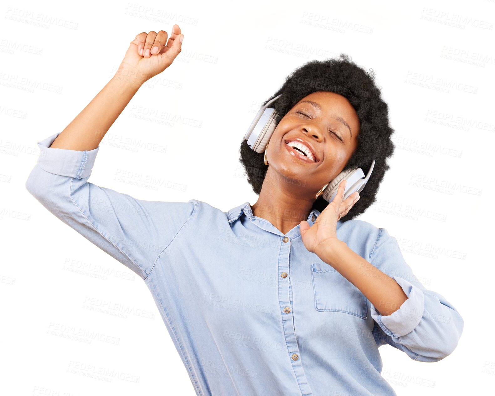 Buy stock photo Black woman, dancing and music headphones for freedom, fun or happiness. African person, energy and listen to radio, sound or audio streaming with technology isolated on a transparent, png background