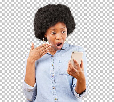 Phone, surprise and shock of black woman in studio isolated on a yellow background. Wow, cellphone and surprised African female with smartphone for reading fake news on social media, omg or wtf emoji