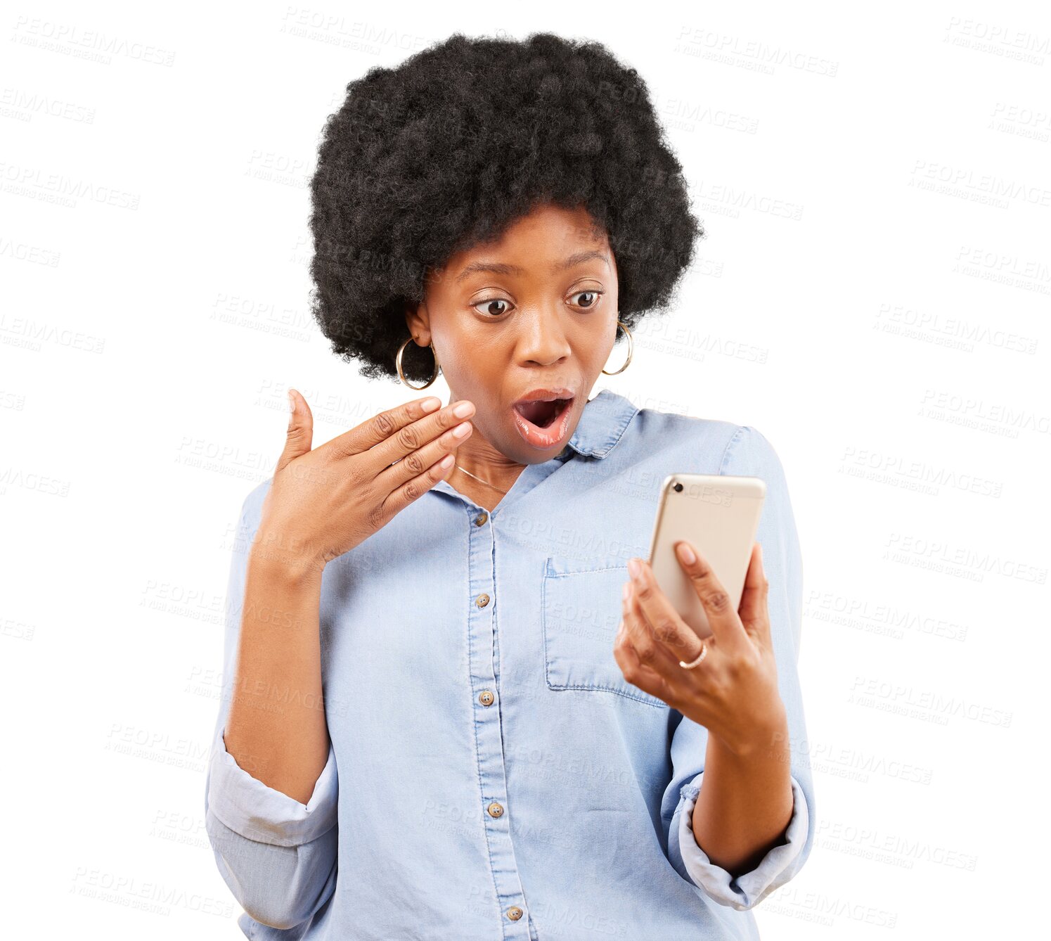 Buy stock photo Phone, wow and surprise of black woman isolated on a transparent png background. Smartphone, shock or African person with fake news on social media, reading scam email or problem, crisis or wtf emoji