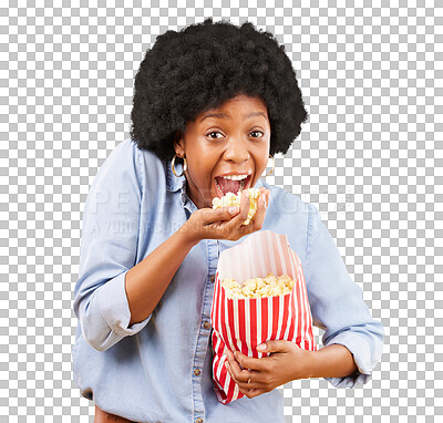 Happy, food and popcorn with black woman in studio for movie, streaming service and cinema. Crazy, comedy and theatre with female and snack isolated on yellow background for eating, tv and film